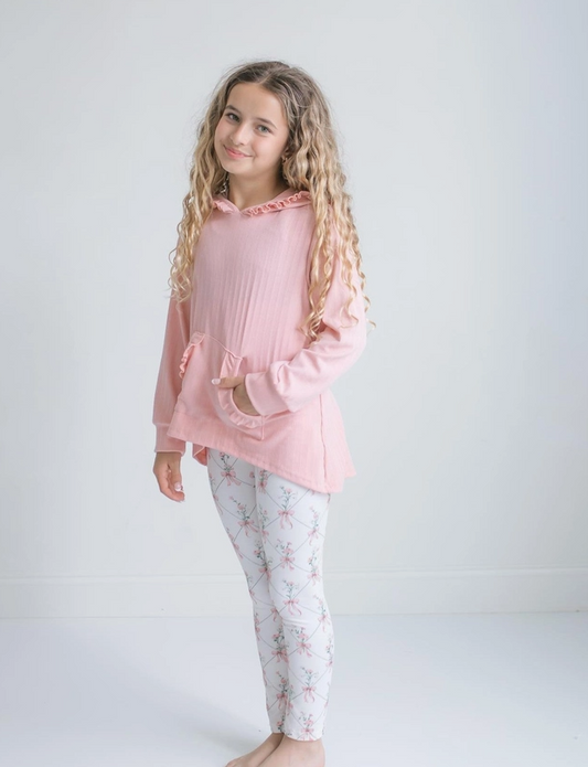 Pre Order: Girls Pink Ruffle Hi Lo Hoodie & Coquette Bow Legging Set