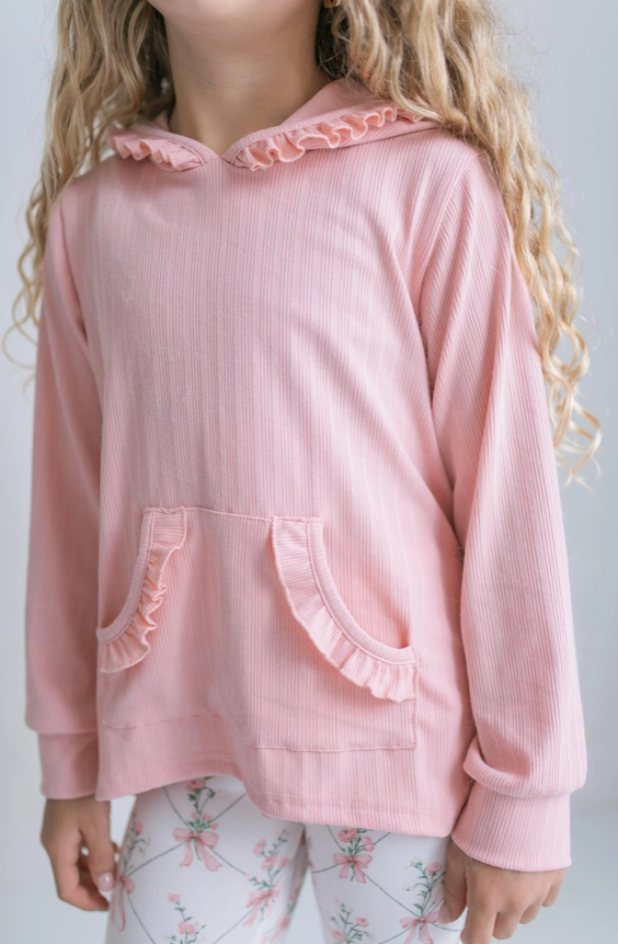 Pre Order: Girls Pink Ruffle Hi Lo Hoodie & Coquette Bow Legging Set