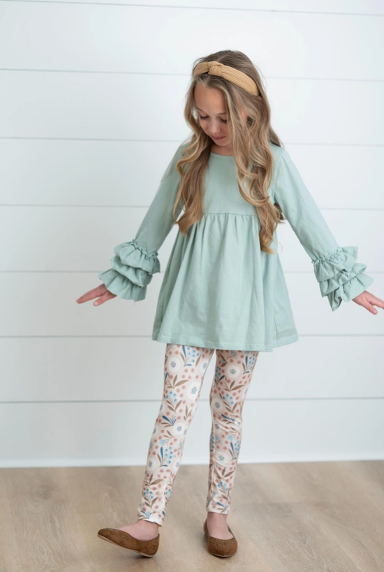 Pre Order: Girls Fall Winter Blue Meadow 3 Ruffles Shirt Pant Set