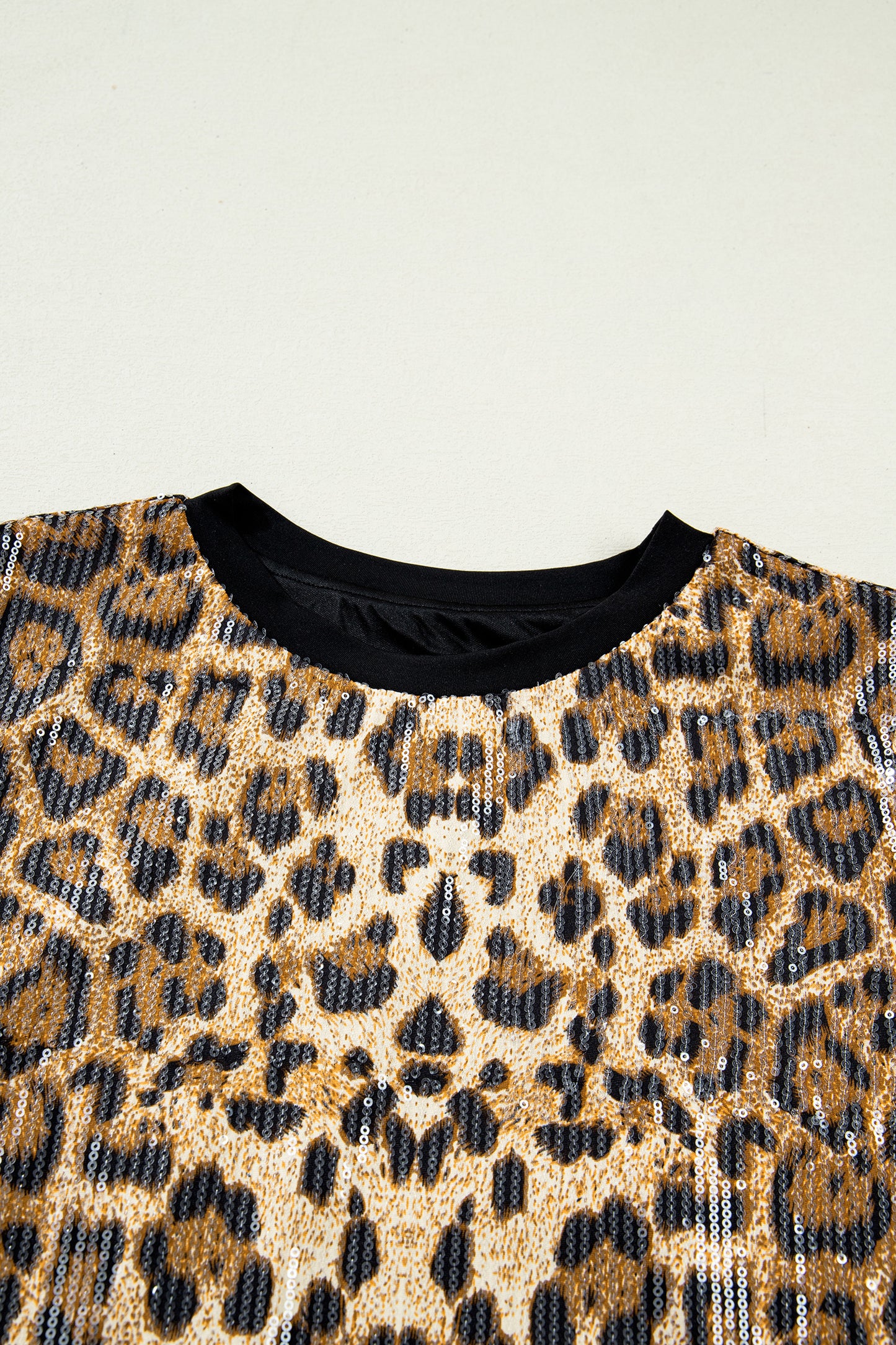 Brown Sequin Leopard Pattern Short Sleeve Top