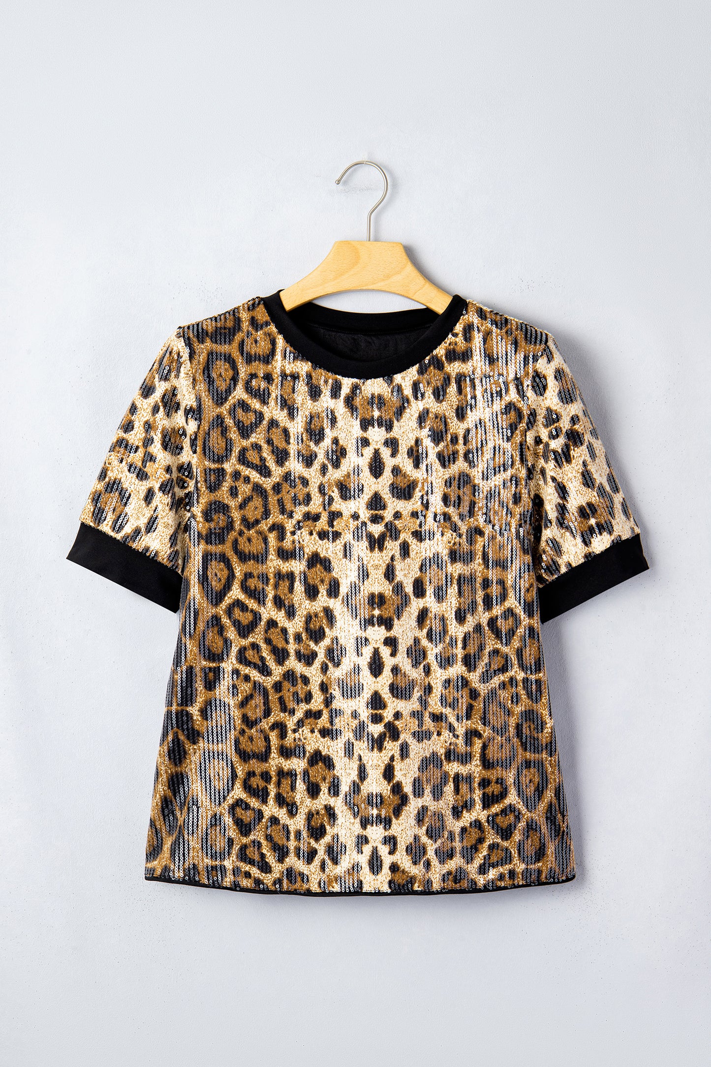 Brown Sequin Leopard Pattern Short Sleeve Top