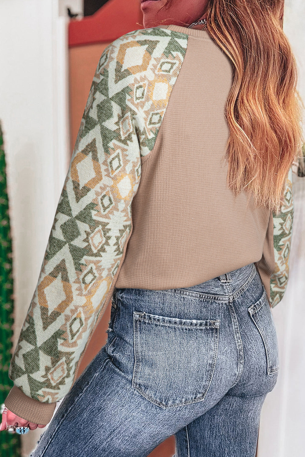Smoke Gray Waffle Aztec Patchwork Raglan Sleeve Knit Top