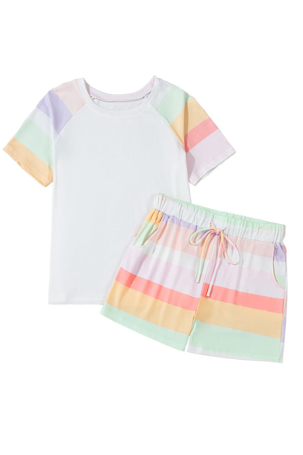 White Rainbow Striped Tee + Shorts Set