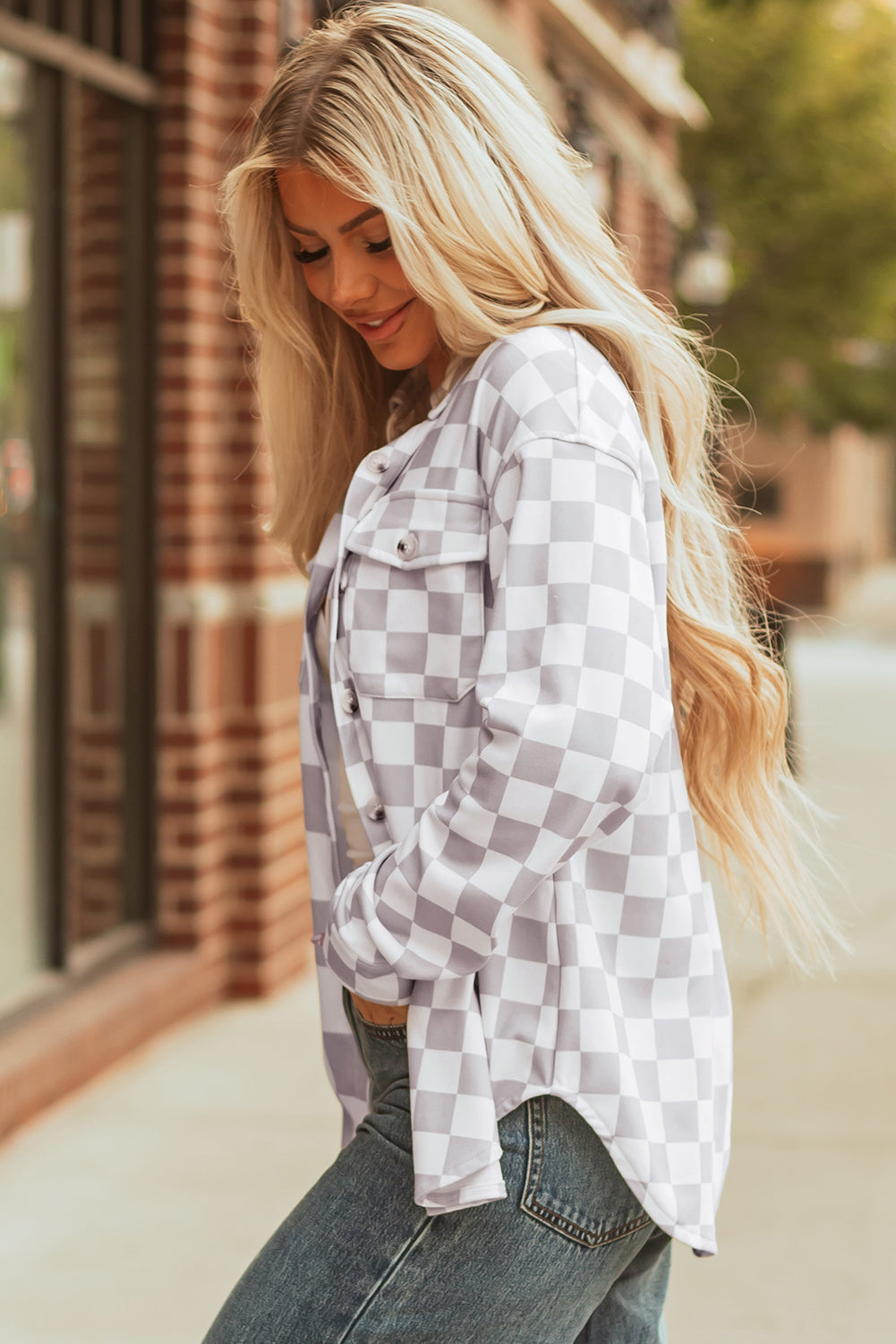 Khaki Checkerboard Flap Pocket Button Front Shacket